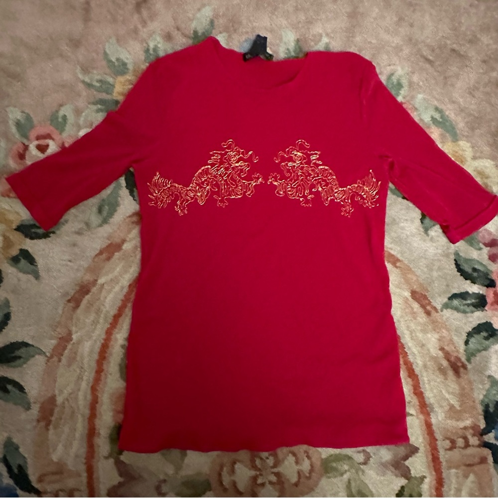 Red nylon Vivienne Tam short sleeve shirt.